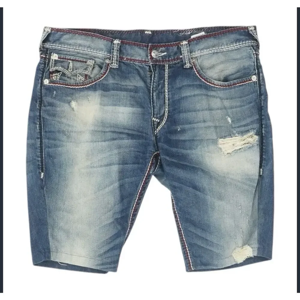 True Religion Cut Off Bermuda Denim Shorts Mens 38 Blue Red Horseshoe